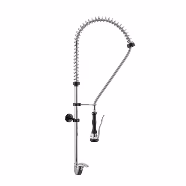 Enkel gat voorspoeldouche 5000 PREMIUM PLUS - met 1-gats monobloc, wandmontage, eengreeps, zwanenhals, sproeier/handdouche, G1/2, 360° zwenkbaar, schakelaar voor continu waterloop, verchroomd metaal, ergonomisch handvat, inclusief wandhouder - 1130mm