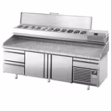 Table réfrigérée à pizza Premium PLUS - 2305x800 mm - avec 2 portes & 3 tiroirs - incl. vitrine réfrigérée pour ingrédients - 11 bacs GN 1/4