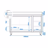 Stainless Steel Floor Cupboard PREMIUM - 1400x600mm - with Sliding Doors, 3 Drawers right & Upstand