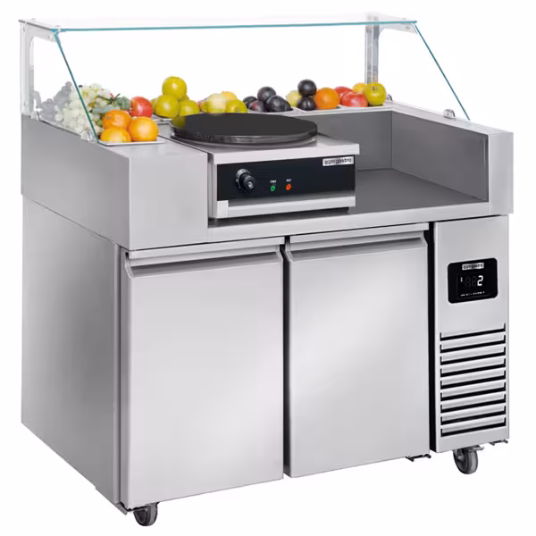 Commercial Refrigerated Prep Table PREMIUM – Glass Top – 2 Doors – 1210 mm – for 9× GN 1/6 - with Crêpes Plate included (3 kW)