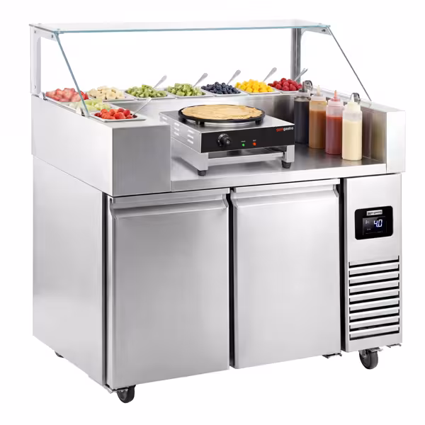 Commercial Refrigerated Prep Table PREMIUM – Glass Top – 2 Doors – 1210 mm – for 9× GN 1/6 - with Crêpes Plate included (3 kW)
