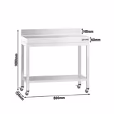Edelstahl Arbeitstisch PREMIUM - 800x700mm - mit Grundboden, Aufkantung & Rollen