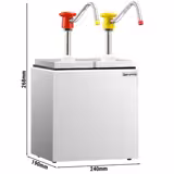 Dozator sosuri - oțel inoxidabil + recipient plastic alimentar - set 2 piese (2 recipiente + suport) - 2x 2,5 litri - dozare 20 ml - 190x240x268 mm - cu Recipient - gură anti-picurare - incl. Suport inox dozatoare sosuri