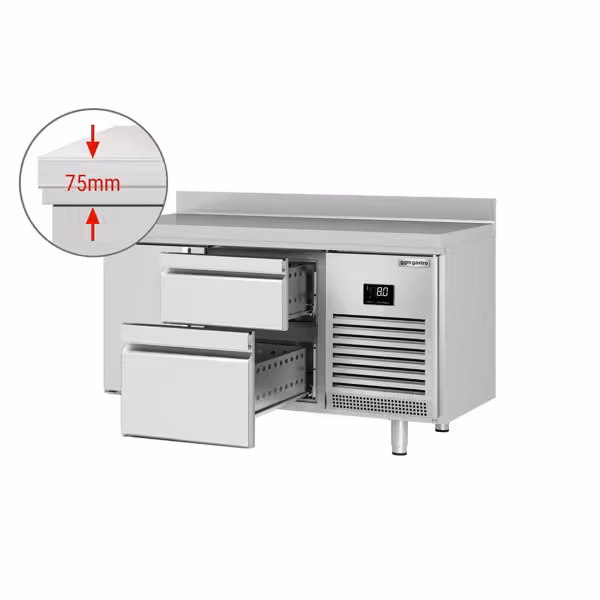 Tavolo refrigerato gastronomia PREMIUM PLUS - 1468x600mm - Ventilata - 250 L - con 1 porta battente - con 2 cassetti - Alzatina