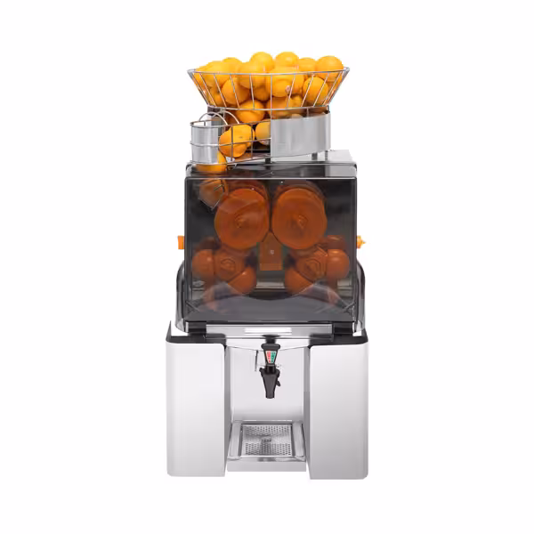 Exprimidor de naranjas automático - 200W - 60kg - con 25 naranjas/min, fruta 60–80mm, alimentación automática, grifo antigoteo, piezas aptas lavavajillas, sensor de seguridad - Acero inoxidable