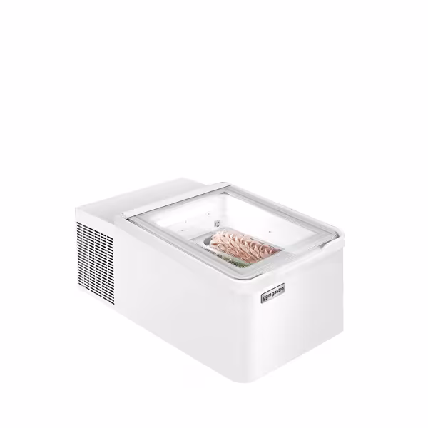 Vitrină de masă pentru înghețată - 465 mm - statică - pentru 2x cuve/vaschete de 5 litri pentru înghețată - geam frontal încălzit - alb - deschidere capac spre partea clientului