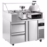 Comptoir de préparation réfrigéré professionnelle - 1210x700mm - avec 1 Porte & 2 Tiroirs - Vitrine de comptoir 9x GN 1/6 - incl. Gril de contact numérique & Machine à hamburger