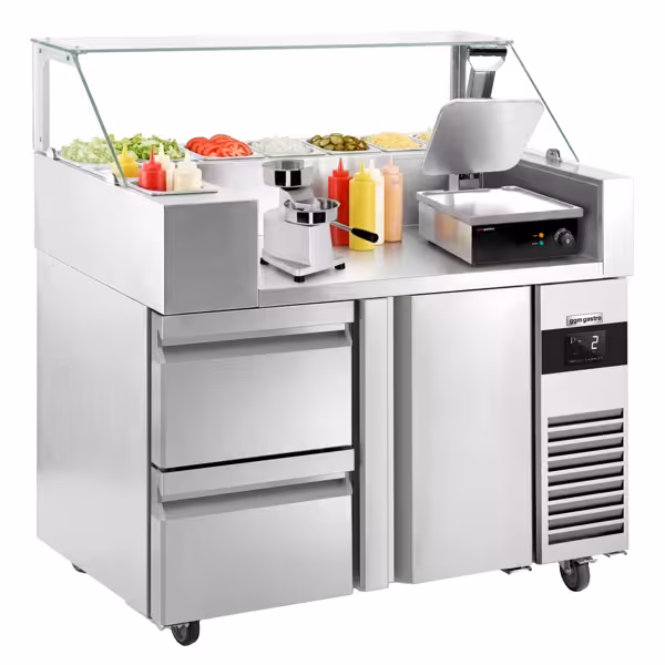 Saladette - 1210x700mm - 1 deur + 2 lades - voor 9x GN 1/6 - incl. contactgrill & hamburgermachine