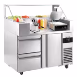 Saladette refrigerata professionale - 1210x700mm - 1 porta e 2 cassetti - per 9x GN 1/6 vaschette - incl. griglia a contatto & macchina per hamburger