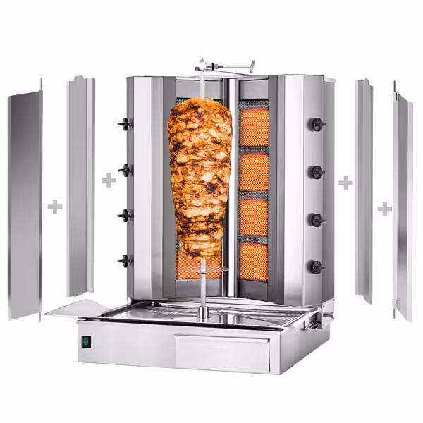 Gas Doner Kebab Grill (Shawarma/Gyros) - 8 Burner - up to 100kg - 32.5kW - incl. 2 splash guards & 2 double doors
