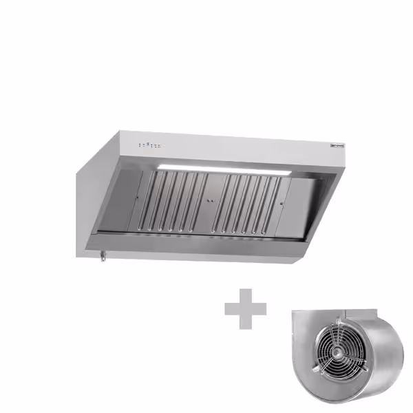 Wandafzuigkap RVS - 900mm diep - 1200mm - met motor - compleet - met standen snelheidsregelaar, 2 labyrintfilters en verlichting - 1360m³/u