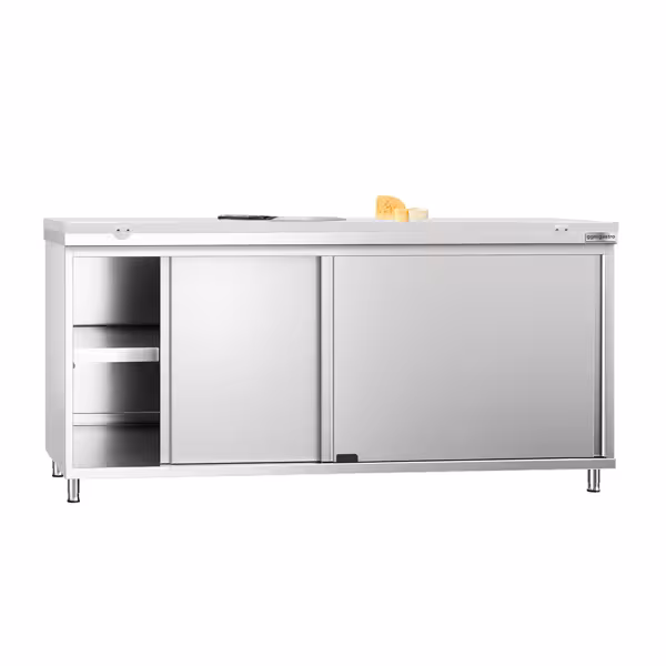 Acero inoxidable Mesa con puertas correderas PREMIUM - 1800x600mm - con estante intermedio - incl. Tabla de corte Blanco