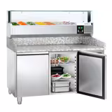 Pizzawerkbank PREMIUM - 1500x800mm - met granieten werkblad - met 2 deuren - incl. glasvitrine LED - 7x GN 1/4