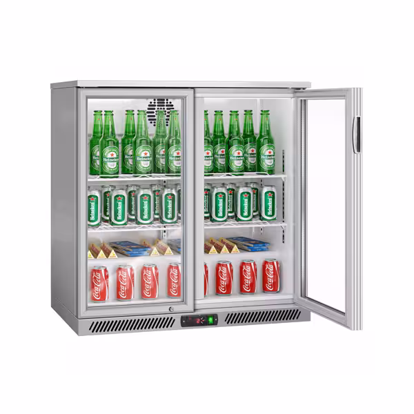 Frigider pentru bar – 900 mm – 220 litri – cu 2 uși batante din sticlă – Gri