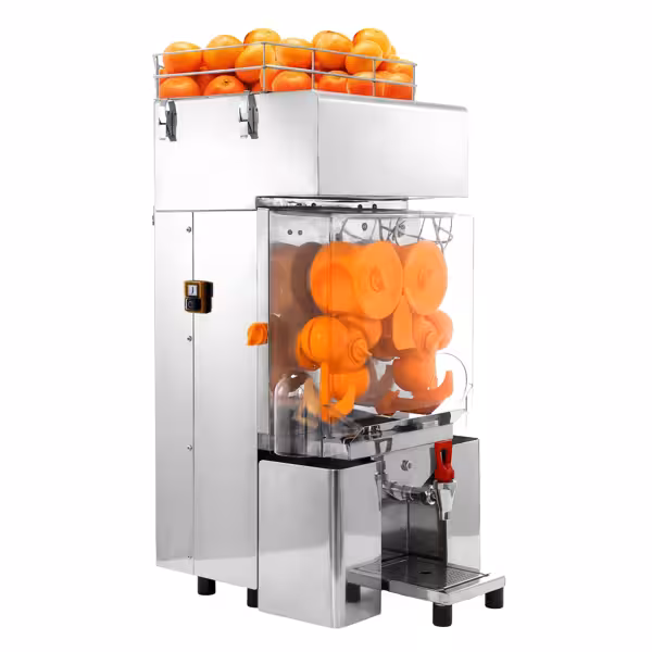 Elektrische Orangenpresse - mit automatischer Fruchtzufuhr & Ablasshahn - Silber