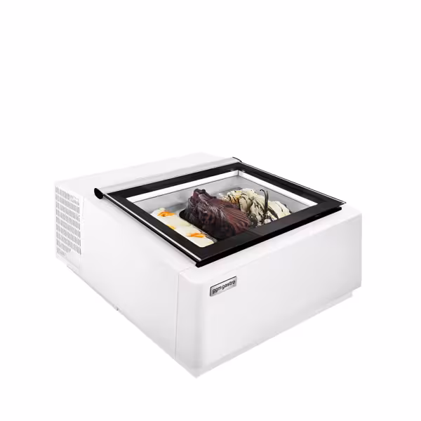 Vetrina gelato da banco - 670mm - Refrigerazione statica - per 3x Vasca da gelato da 5/7 Litri - Bianco - Apertura coperchio lato lato cliente