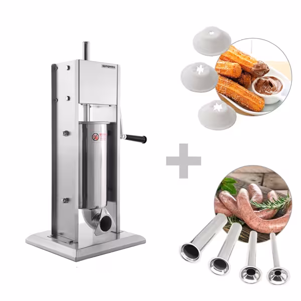 Insaccatrice manuale per salsicce e macchina per churros - 3 litri - acciaio inox - incl. 4 imbuti per insaccatrice e 3 accessori per churros
