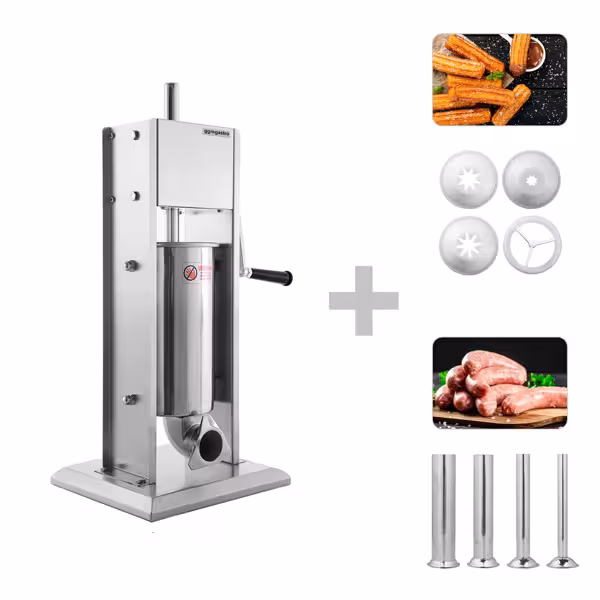Handmatige worstenvuller - verticaal - met churrosset - 3l - RVS - incl. 4 vulbuizen & 3 churrosvormen
