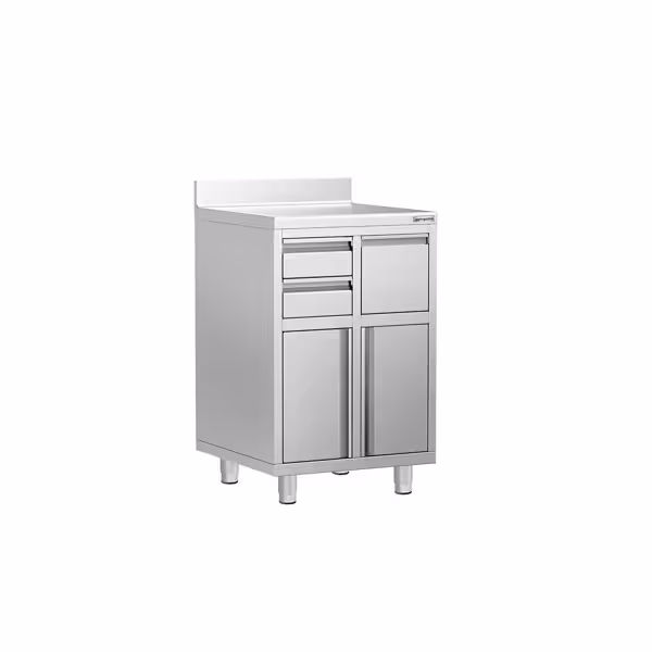 Commercial Coffee Station Cabinet - 600x600mm - with 2 Drawers, 1 Door, 1 Tilting Knockout Drawer - with Rear Upstand