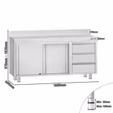 Edelstahl Arbeitsschrank ECO - 1600x600mm - mit 3 Schubladen rechts & Aufkantung