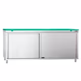 Table armoire en acier inoxydable PREMIUM - 2000x700mm - avec portes coulissantes et étagère basse - pour fruits et légumes - incl. plateau de découpe Vert PEHD (HACCP)