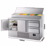 Zubereitungskühltisch Mini - 1460x700mm - mit 2 Türen & 2 Schubladen - Edelstahlaufsatz 8x GN 1/4