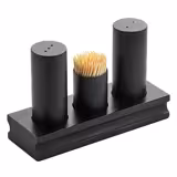(12 unid) Conjunto de galheteiro - 3-peças - suporte em aço inoxidável - saleiro, pimenteiro, paliteiro - Altura: 100mm - Preto