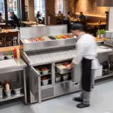 Banco pizza refrigerato ECO - 1400x700mm - con 3 porte - piano in granito - con vetrina ingredienti refrigerata superiore - 6x GN 1/4