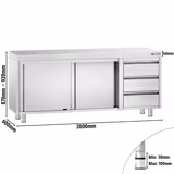 Tavolo armadiato in acciaio inox PREMIUM - 2000x600mm - con 2 porte scorrevoli + 3 cassetti a destra