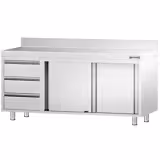 Inox (AISI 304) Radni stol zatvoreni PREMIUM - 1800 x 700 x 970 mm - s kliznim vratima 3 ladica lijevo s podignutim zadnjim rubom