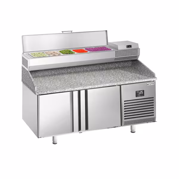 Pizzawerkbank PREMIUM PLUS - 1738x800mm - met granieten werkblad - met 2 deuren - incl. opzetkoelvitrine - 6x GN 1/3