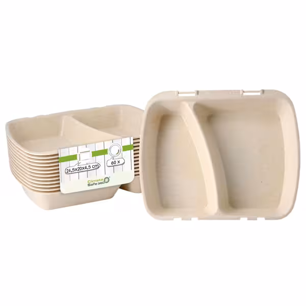 (60 uds) Envase PP 2 compartimentos - 1050ml - 245x200x45mm - Polipropileno - Crema - Apto microondas/lavavajillas - Apilable