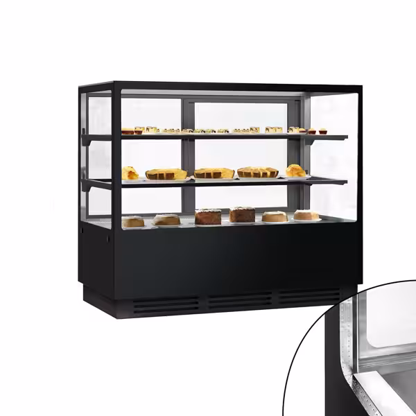 Vetrina pasticceria refrigerata - 580l - 1500mm - Doppio vetro - con 2 ripiani - porte posteriori scorrevoli; LED interni; schienale a specchio; 4 lati vetro - Nero