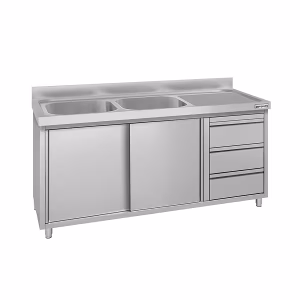 Commercial Sink Cabinet ECO - 1600x700mm - with 2 bowls left-hand - 3 drawers