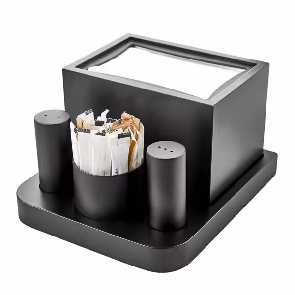 Complete Cruet Set - 4-piece - Stainless steel stand - Stainless steel - with napkin dispenser - napkins, salt & pepper, toothpicks - Height: 200mm - Black