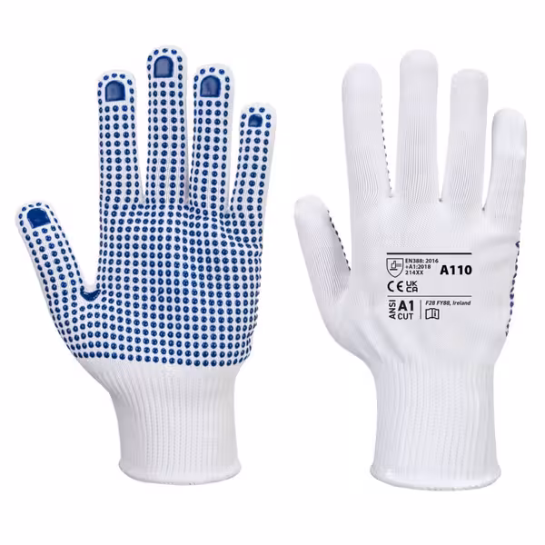 (10 par) Textilhandskar med PVC-prickar - vit/blå - Storlek: L
