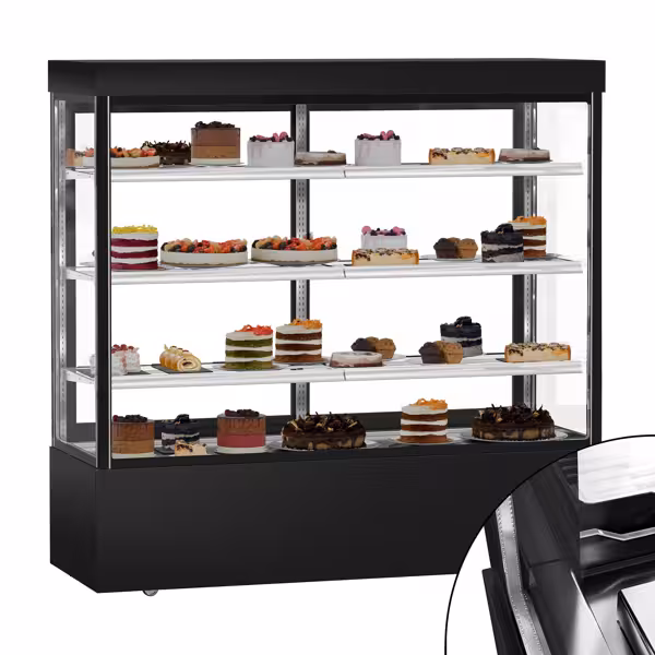 Vetrina pasticceria refrigerata MADRID - 1200l - 1800mm - Doppio vetro - con 3 ripiani - LED interni; porte posteriori scorrevoli; 4 lati vetro - Nero opaco
