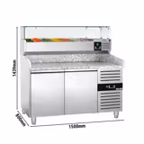 Chladicí stůl na pizzu ECO - 1500x800 mm - se 2 dveřmi - se žulovou pracovní deskou - vč. chladicí nástavbové vitríny - 7x GN 1/4