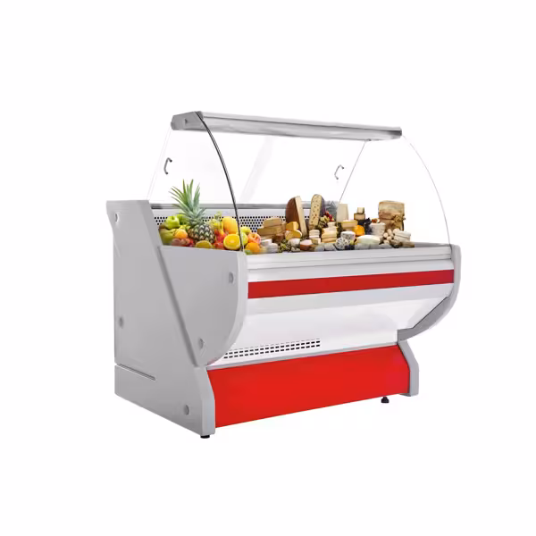 Vitrină frigorifică pentru carne / Vitrină frigorifică orizontală ECO - 990x1150 mm - 250 L - culoare roșu - cu servire asistată - geam frontal curbat - blat de granit