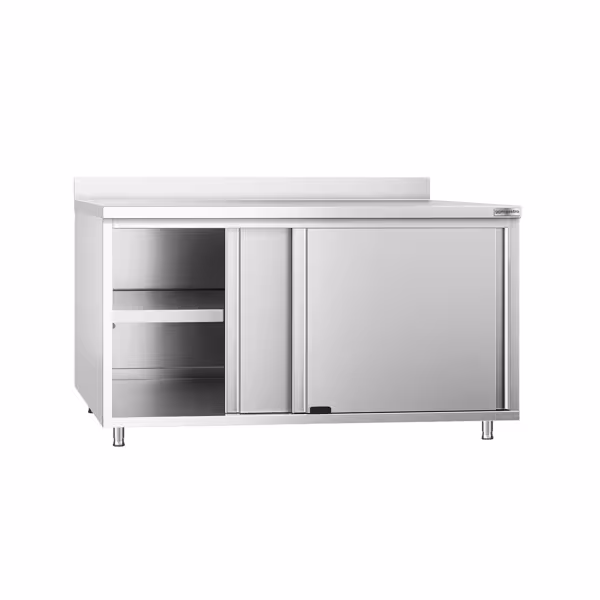 Paslanmaz Çelik Dolaplı Hazırlık Tezgahı PREMIUM -1600x800mm - Sürgü Kapılı, Sırtlı
