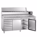 Commercial Pizza Prep Counter - Granite Top PREMIUM - 2025x800mm - with 2 doors & 7 drawers - incl. refrigerated topping unit with glass sneeze guard LED - 9x GN 1/3