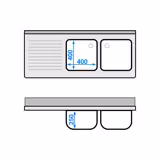 Spoelunit - 1400x600mm - met 3 laden & 2 spoelbakken rechts