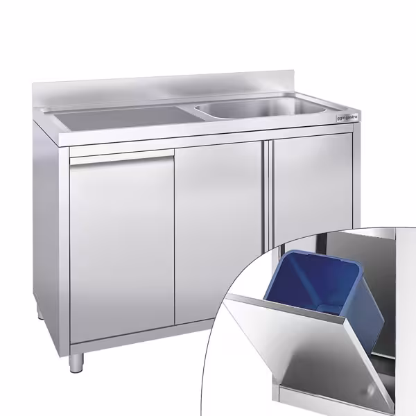 Stainless steel sink unit with waste bin - 1200x700mm - 1 basin right 