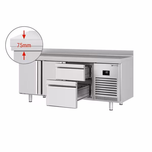 Tavolo refrigerato PREMIUM PLUS - 1960x700mm - Ventilata - 465 L - con 2 porte battenti - con 2 cassetti - Alzatina