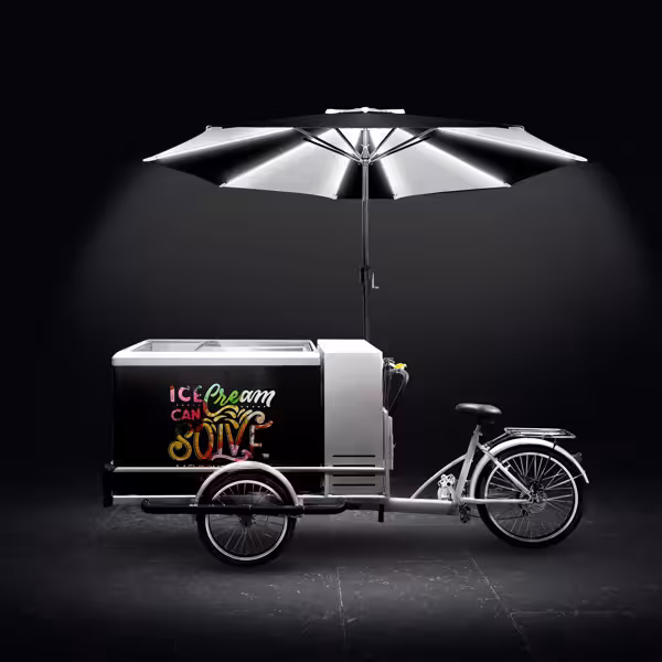 Bicicletă pentru înghețată - statică - cu umbrelă cu LED - pentru 7x cuve de 5 litri pentru înghețată