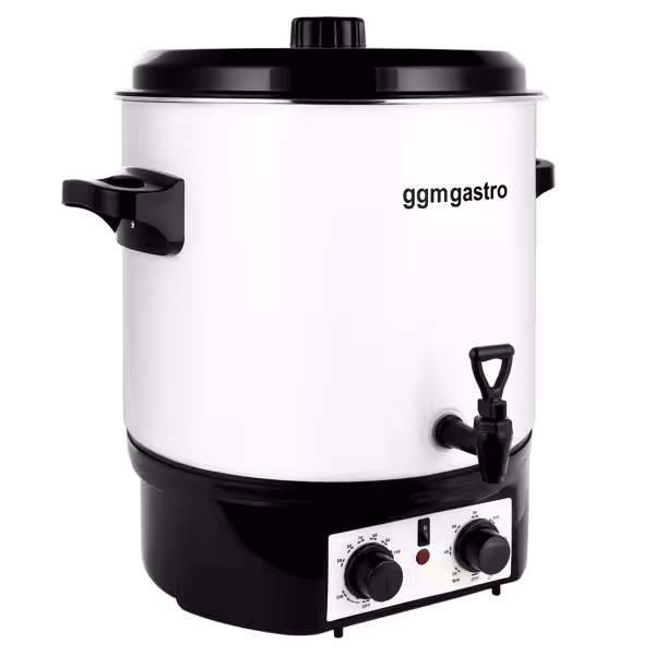 Commercial Manual Fill Hot Water Urn - 27L - 1.8kW - Adjustable Thermostat 30–110°C - White - with Dispensing Tap & Digital Timer - for Tea, Coffee & Mulled Wine