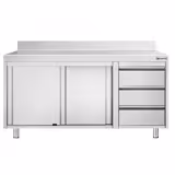 Acero inoxidable Mesa con puertas correderas PREMIUM - 1600x700mm - con 3 cajones derecha & con peto