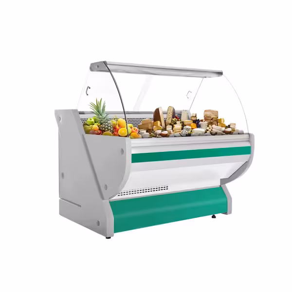Vitrină frigorifică pentru carne / Vitrină frigorifică orizontală ECO - 1325x1150 mm - 260 L - culoare verde - geam frontal curbat - blat de granit