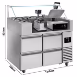 Commercial Refrigerated Prep Table PREMIUM – Glass Top – 4 Drawers – 1210 mm – for 9× GN 1/6 - with Contact Grill & Hamburger Press