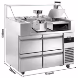 Valmistuspöytä - 1210mm - 4 laatikkoa - 9x GN 1/6 - sis. kontaktigrilli & hampurilaiskone